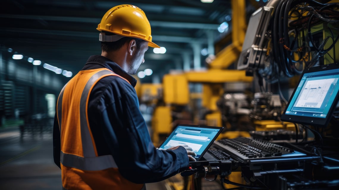 Factory technician in a hard hat uses a tablet to monitor industrial equipment, while nearby screens display a faceless/headless HMI dashboard on the production floor.
