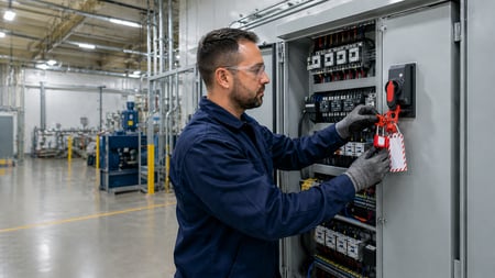 Technician applying a lockout/tagout device with padlock and warning tag to an industrial electrical control panel.