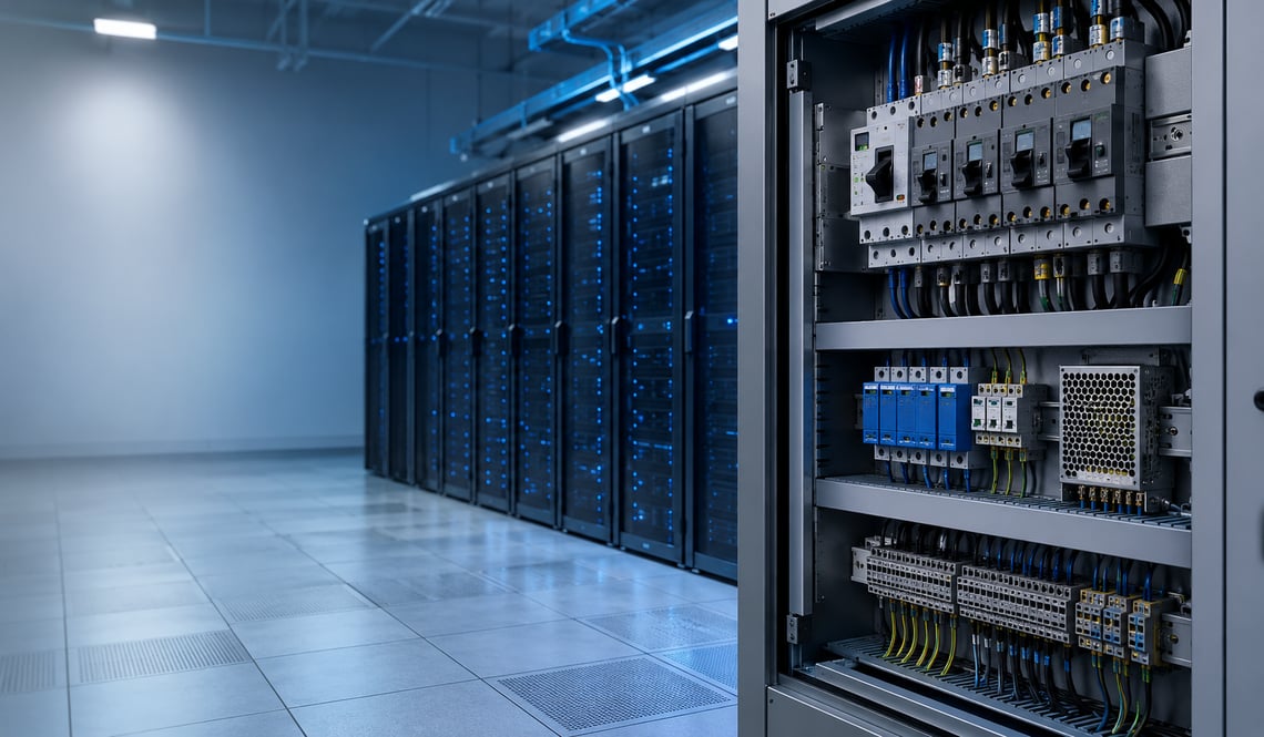 Electrical control cabinet with circuit breakers, power supplies, surge protection, and organized wiring supports data center power reliability.