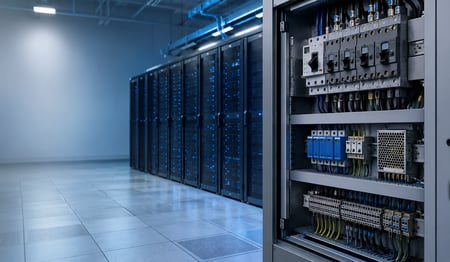 Electrical control cabinet with circuit breakers, power supplies, surge protection, and organized wiring supports data center power reliability.