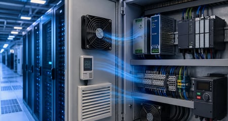 Industrial control cabinet with cooling fans, airflow vents, temperature sensor, power supplies, and wiring supports cooling optimization in a data center.