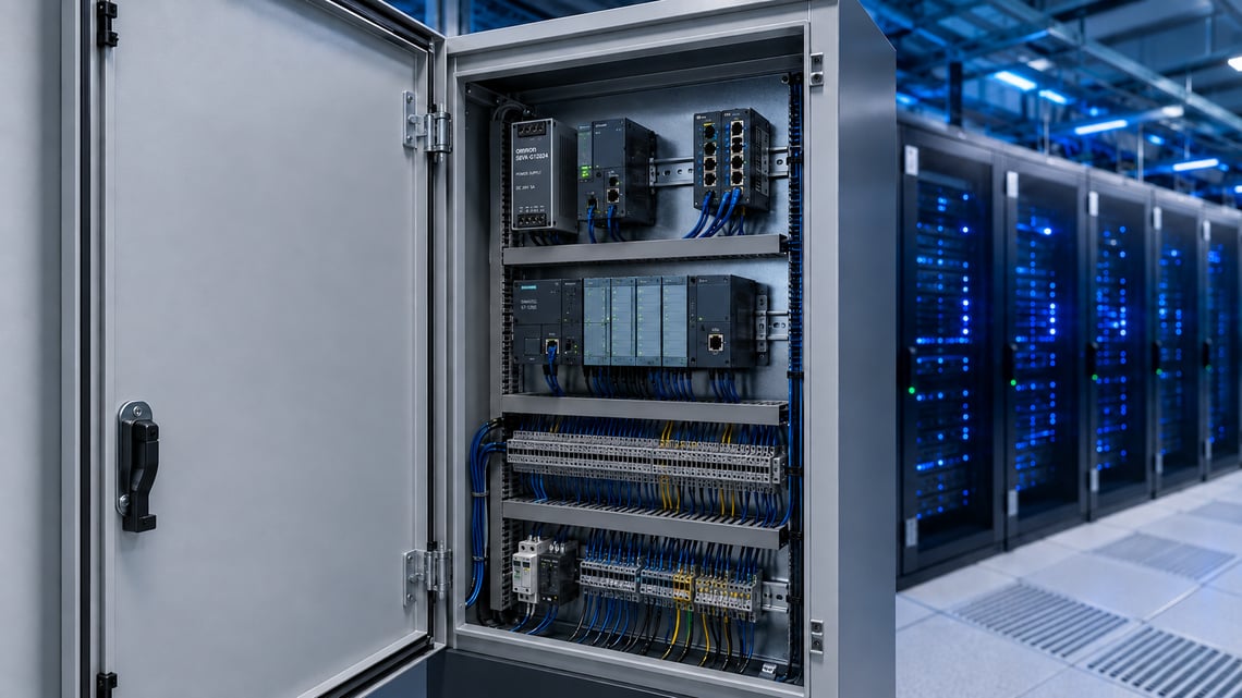 Open industrial control cabinet with organized wiring, power supply, terminal blocks, and labeled components supports data center panel standardization.
