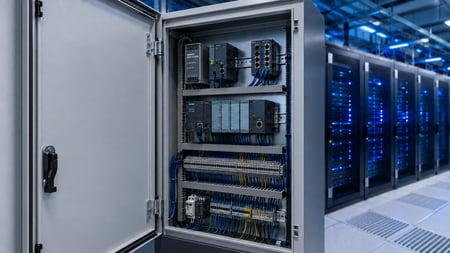 Open industrial control cabinet with organized wiring, power supply, terminal blocks, and labeled components supports data center panel standardization.