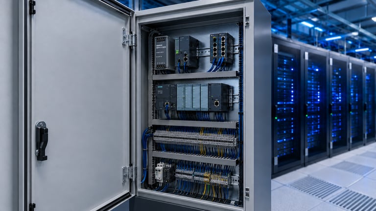 Open industrial control cabinet with organized wiring, power supply, terminal blocks, and labeled components supports data center panel standardization.