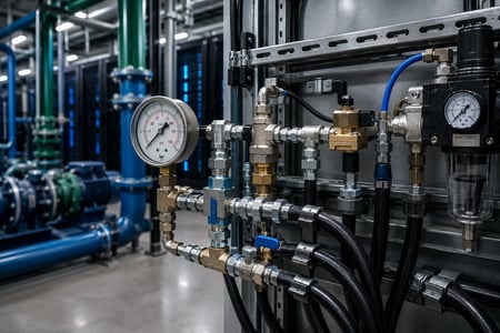 Industrial hose, fittings, valves, and pressure gauges support fluid and pneumatic systems for data center facility infrastructure.