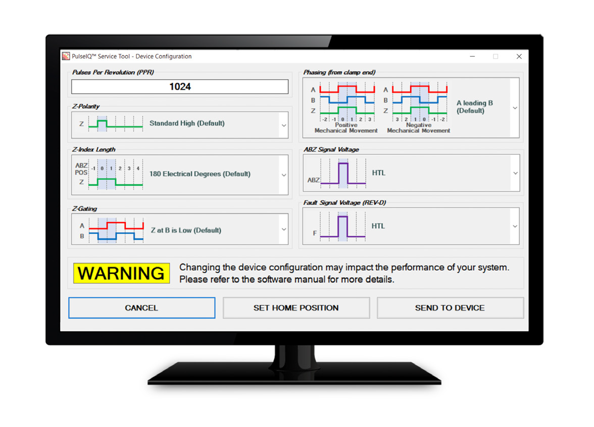 Screenshot of HS35iQ PulseIQ™ Technology Encoder Software Settings for PPR, Z-Polarity, Z Index, Z Gating, Phasing, ABZ Signal Voltage, and Fault Signal Voltage.